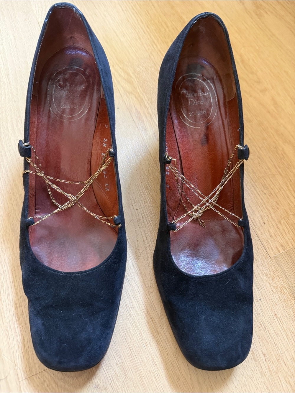 Dior Souliers Vintage Black Suede Mary Jane Pumps with Gold Chain Detail Sz 9